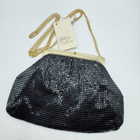 Whiting & Davis Vtg Black Mesh Evening Bag Rhinestone Chain Strap Formal NEW Tag - Picture 1 of 15